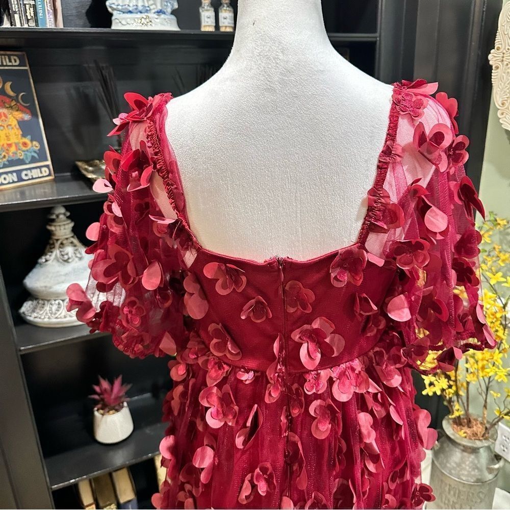 TCEC Burgundy Mini Dress with 3D Petal Appliqués - Picture 7 of 14